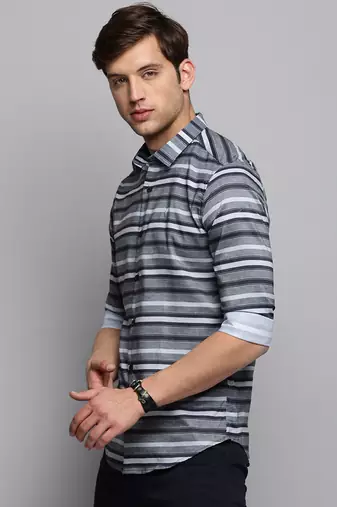 men's long sleeves horizontal stripes grey shirt
