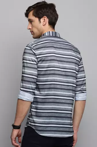 men's long sleeves horizontal stripes grey shirt