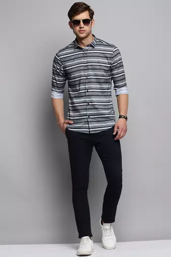 men's long sleeves horizontal stripes grey shirt