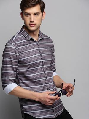 men's long sleeves horizontal stripes taupe shirt 1