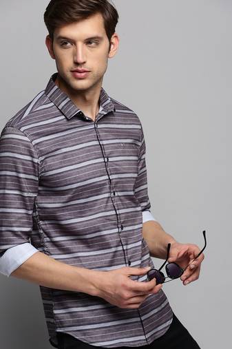 men's long sleeves horizontal stripes taupe shirt