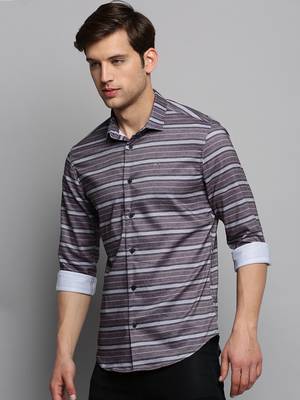men's long sleeves horizontal stripes taupe shirt 3