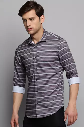 men's long sleeves horizontal stripes taupe shirt