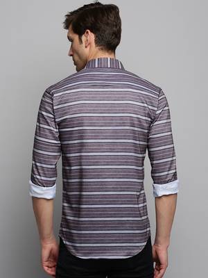 men's long sleeves horizontal stripes taupe shirt 4