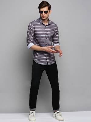 men's long sleeves horizontal stripes taupe shirt 5