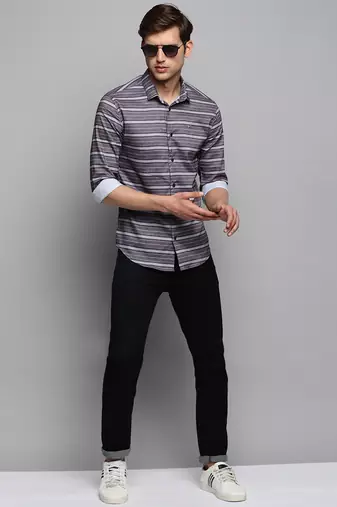 men's long sleeves horizontal stripes taupe shirt