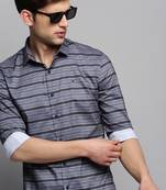 men's long sleeves horizontal stripes grey shirt