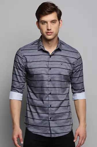 men's long sleeves horizontal stripes grey shirt