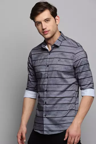 men's long sleeves horizontal stripes grey shirt