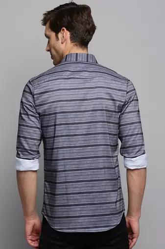 men's long sleeves horizontal stripes grey shirt