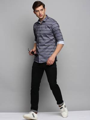 men's long sleeves horizontal stripes grey shirt 5