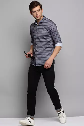 men's long sleeves horizontal stripes grey shirt