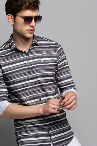men's long sleeves horizontal stripes olive shirt