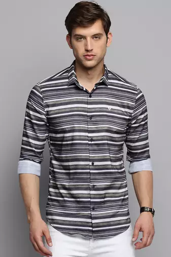 men's long sleeves horizontal stripes olive shirt