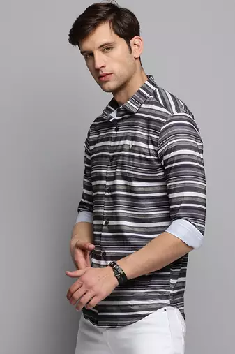 men's long sleeves horizontal stripes olive shirt