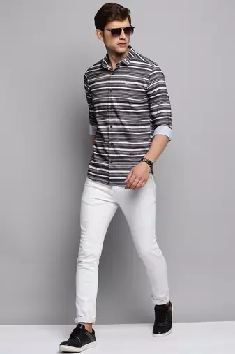 men's long sleeves horizontal stripes olive shirt