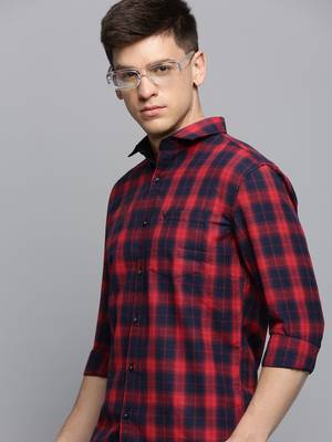 men's long sleeves tartan checks red shirt 1