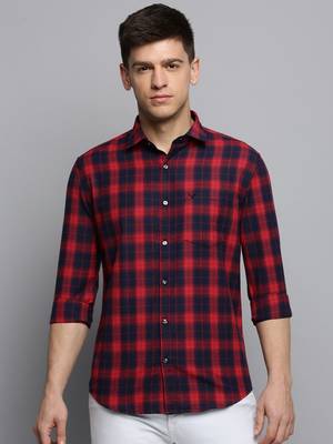 men's long sleeves tartan checks red shirt 2