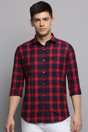 men's long sleeves tartan checks red shirt