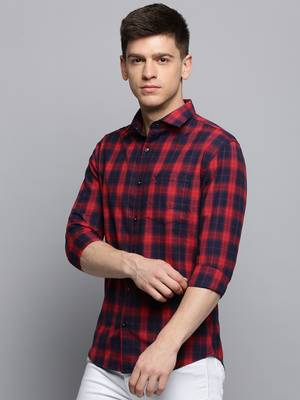 men's long sleeves tartan checks red shirt 3