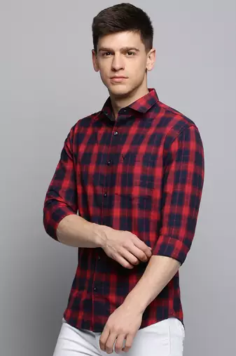 men's long sleeves tartan checks red shirt