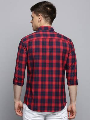 men's long sleeves tartan checks red shirt 4