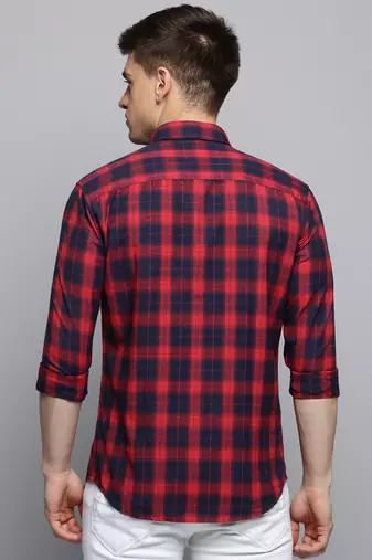 men's long sleeves tartan checks red shirt