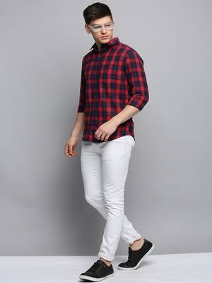 men's long sleeves tartan checks red shirt 5