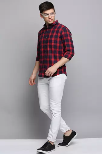 men's long sleeves tartan checks red shirt