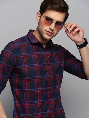 Showoff men's long sleeves tartan checks navy blue shirt 1