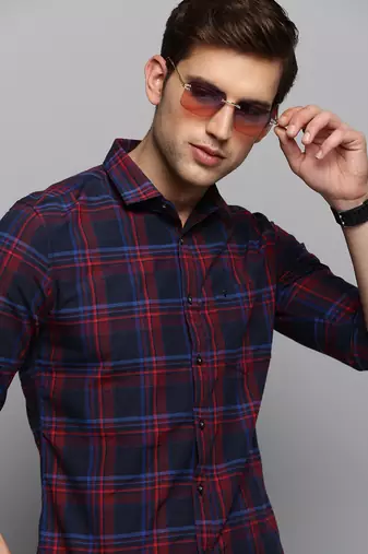 Showoff men's long sleeves tartan checks navy blue shirt