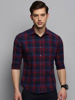 Showoff men's long sleeves tartan checks navy blue shirt 2
