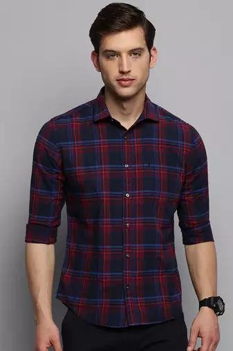 Showoff men's long sleeves tartan checks navy blue shirt