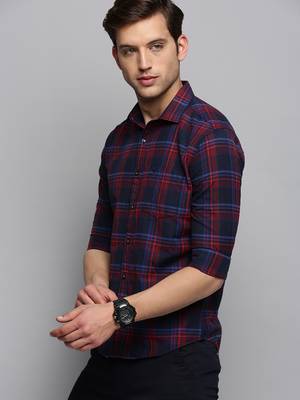 Showoff men's long sleeves tartan checks navy blue shirt 3