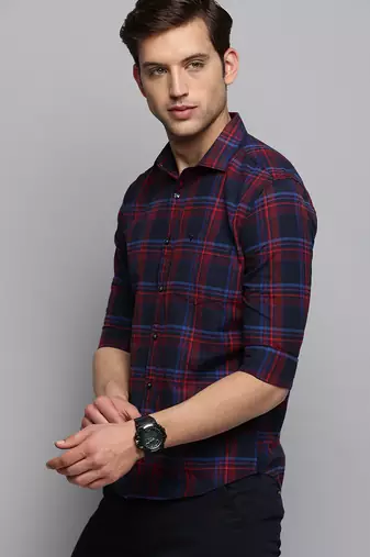 Showoff men's long sleeves tartan checks navy blue shirt