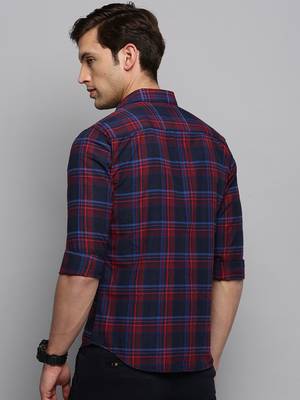 Showoff men's long sleeves tartan checks navy blue shirt 4