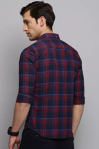 Showoff men's long sleeves tartan checks navy blue shirt