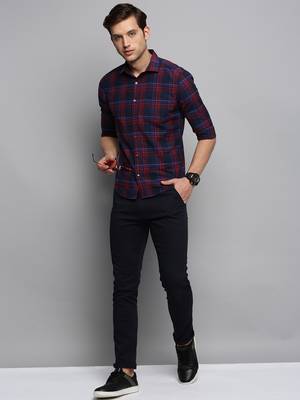Showoff men's long sleeves tartan checks navy blue shirt 5