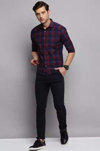 Showoff men's long sleeves tartan checks navy blue shirt
