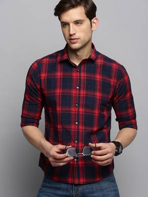 men's long sleeves tartan checks navy blue shirt 1