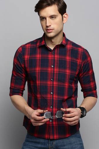 men's long sleeves tartan checks navy blue shirt