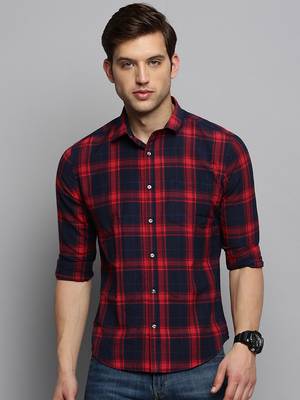 men's long sleeves tartan checks navy blue shirt 2