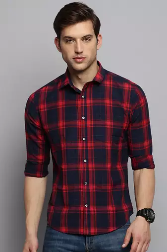 men's long sleeves tartan checks navy blue shirt