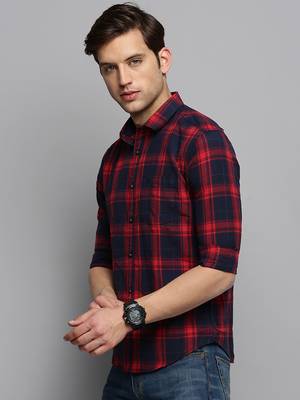 men's long sleeves tartan checks navy blue shirt 3