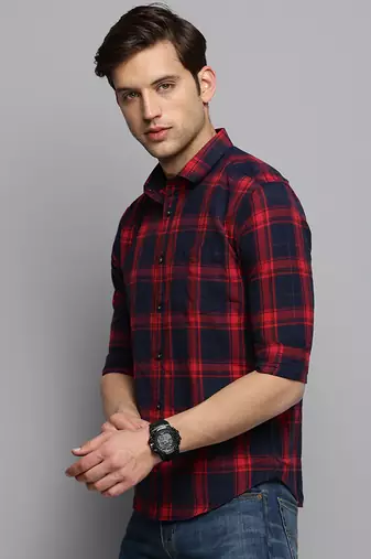 men's long sleeves tartan checks navy blue shirt