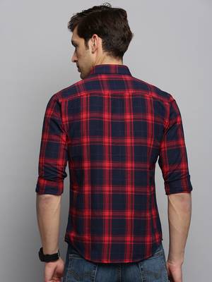 men's long sleeves tartan checks navy blue shirt 4