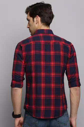 men's long sleeves tartan checks navy blue shirt