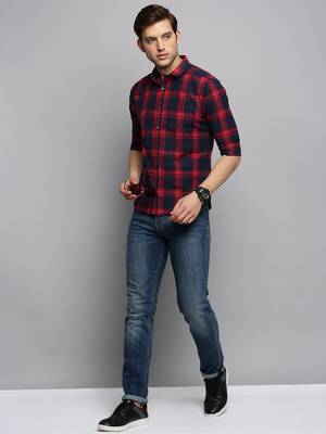 men's long sleeves tartan checks navy blue shirt 5