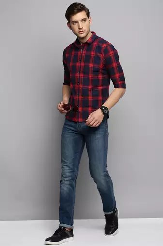 men's long sleeves tartan checks navy blue shirt