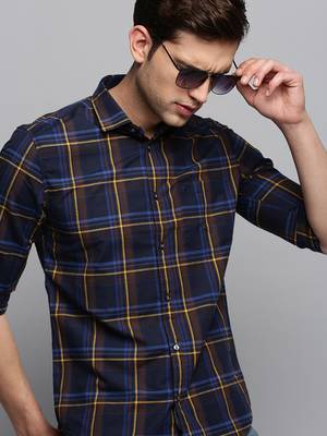 men's long sleeves tartan checks navy blue shirt 1